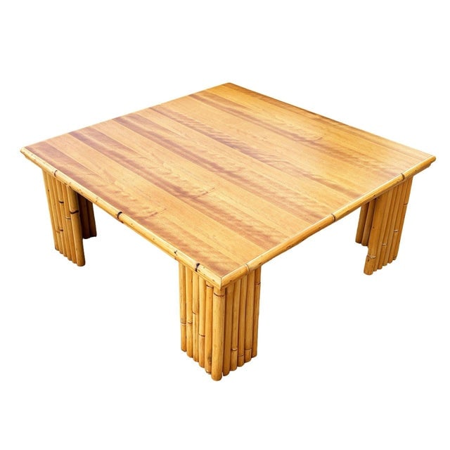 1950s Restored Rattan & Koa Wood Square Coffee Table W/ Stacked Rattan Legs - 6