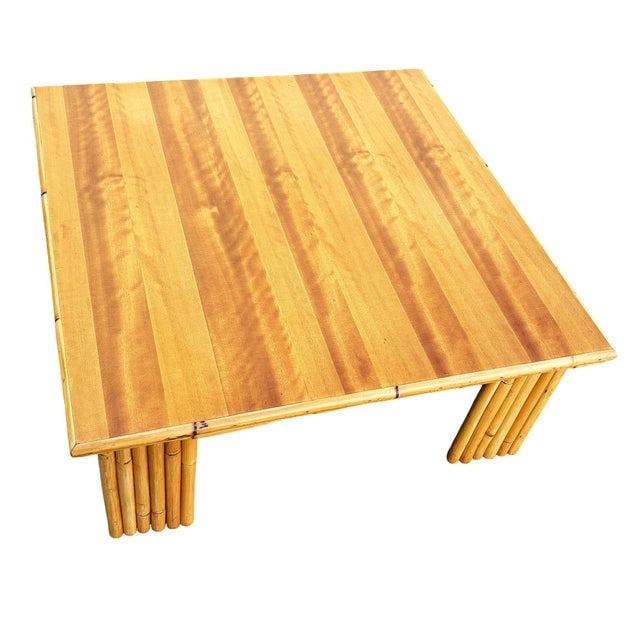 1950s Restored Rattan & Koa Wood Square Coffee Table W/ Stacked Rattan Legs - 7