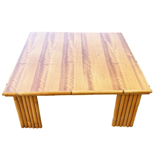 1950s Restored Rattan & Koa Wood Square Coffee Table W/ Stacked Rattan Legs - 8