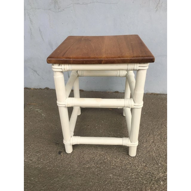 Restored White Rattan Cocktail Side Table W/ Mahogany Top - 2