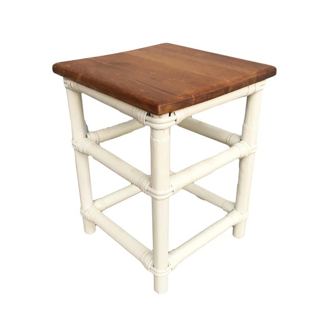 Restored White Rattan Cocktail Side Table W/ Mahogany Top - 5