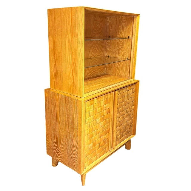 Mid Century Modern Bleached Oak Basket Weave China Cabinet by Paul Laszlo for Brown Saltman - 5