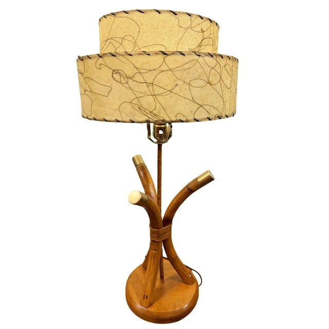 1950s Restored Hourglass Palm Shaped Rattan & Mahogany Lamp W/ Whipple Stitch Shade - 3