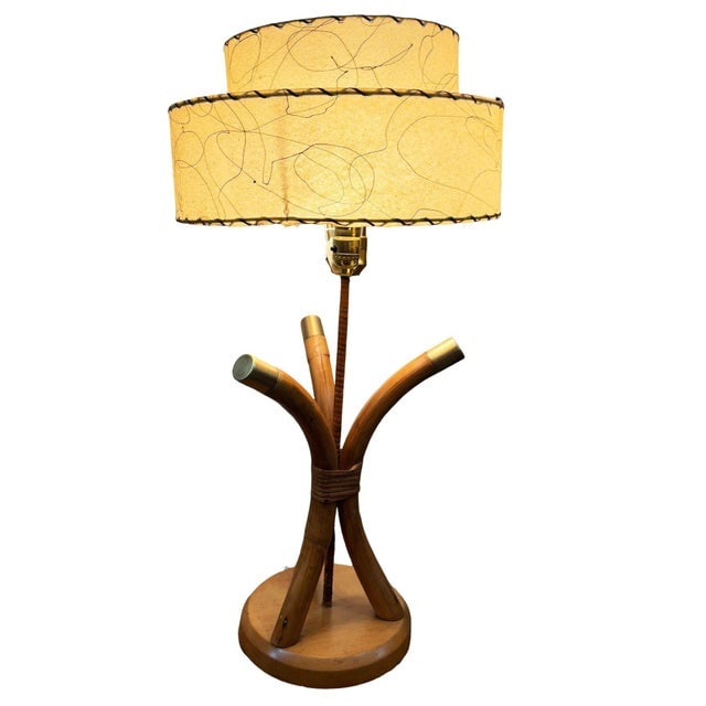 1950s Restored Hourglass Palm Shaped Rattan & Mahogany Lamp W/ Whipple Stitch Shade - 4