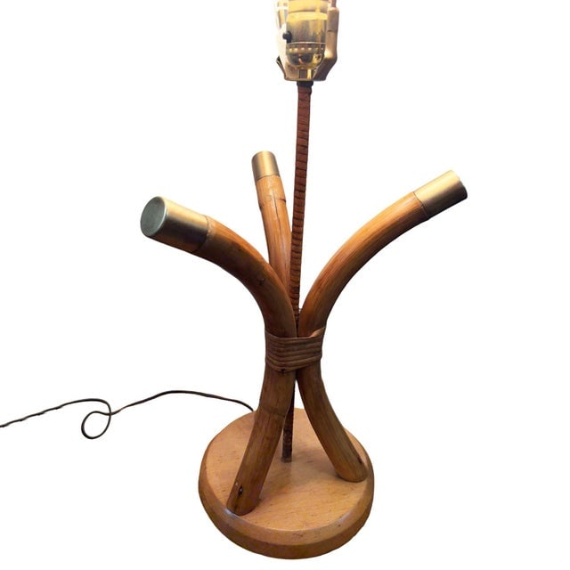 1950s Restored Hourglass Palm Shaped Rattan & Mahogany Lamp W/ Whipple Stitch Shade - 5