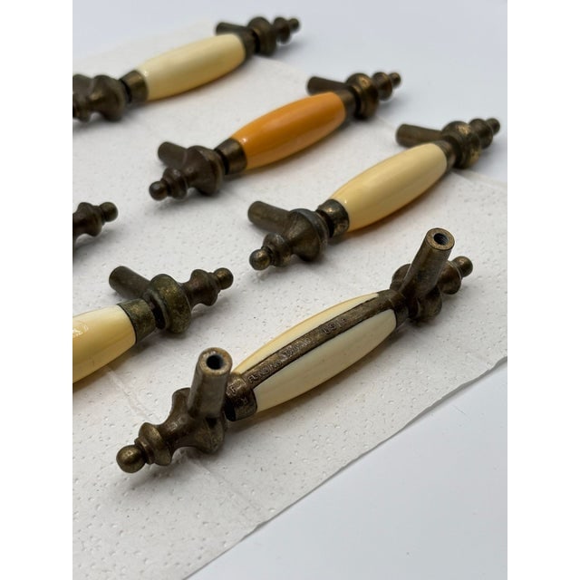 5" Patinaed Brass & Porcelain Drawer Pull Handle W/ Steeple Tips , Set of 29 - 5