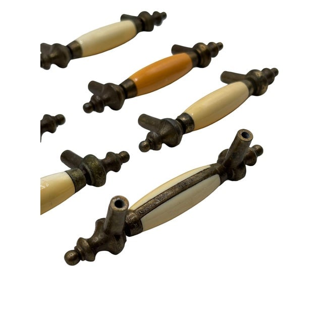 5" Patinaed Brass & Porcelain Drawer Pull Handle W/ Steeple Tips , Set of 29 - 6