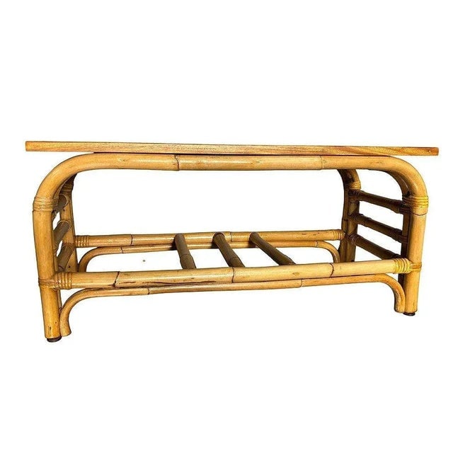 1950s Restored 2-Tier Rattan Staple Base Coffee Table W/ Mahogany - 2