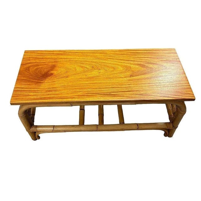 1950s Restored 2-Tier Rattan Staple Base Coffee Table W/ Mahogany - 3