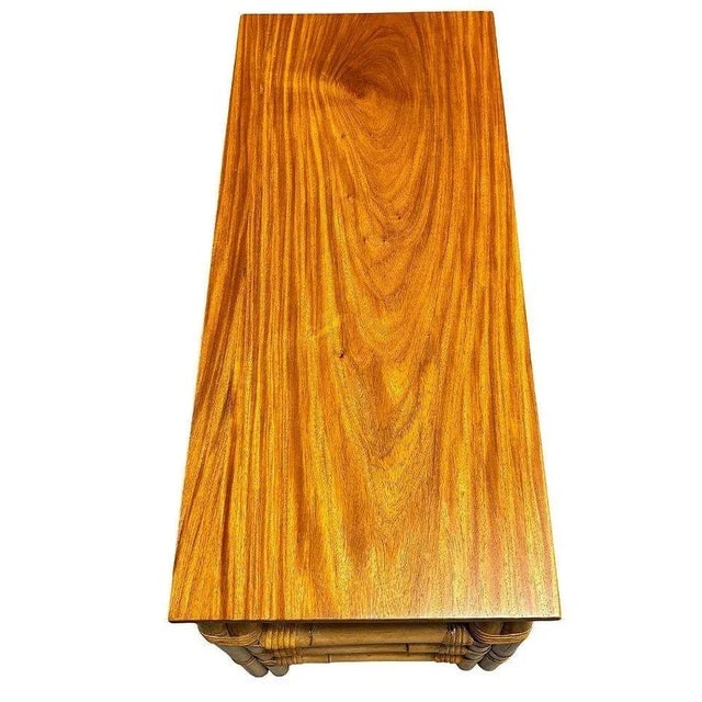 1950s Restored 2-Tier Rattan Staple Base Coffee Table W/ Mahogany - 4