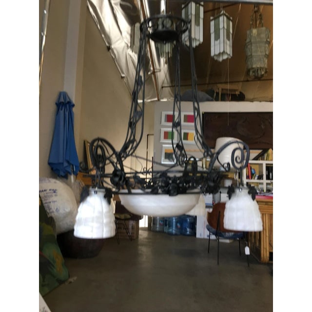 Black Iron Tole 4 Light Chandelier W/ Alabaster Shades - 2