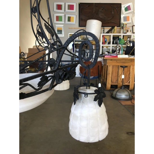 Black Iron Tole 4 Light Chandelier W/ Alabaster Shades - 3