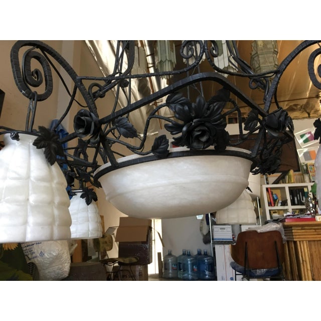 Black Iron Tole 4 Light Chandelier W/ Alabaster Shades - 4