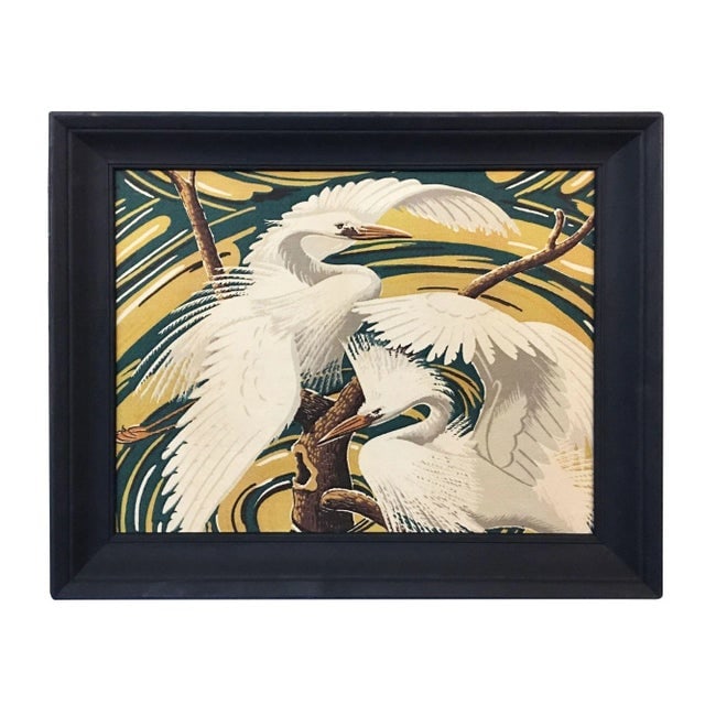 Restored Vintage 1949 Rattan Framed Crane Barkcloth Fabric Sample by Spectrum - 6