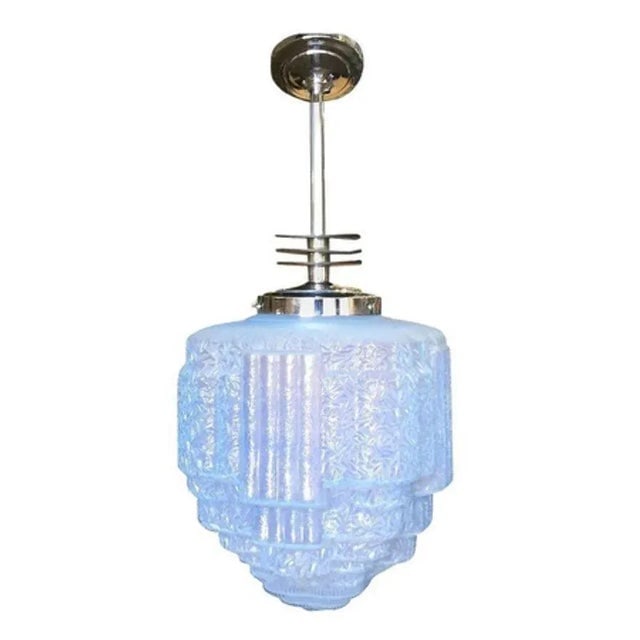 1930s Streamline Ceiling Pendant With Textured Blue Glass Stepped Glass Globe - 2