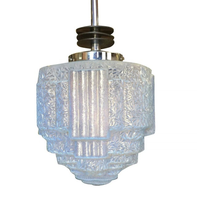 1930s Streamline Ceiling Pendant With Textured Blue Glass Stepped Glass Globe - 3