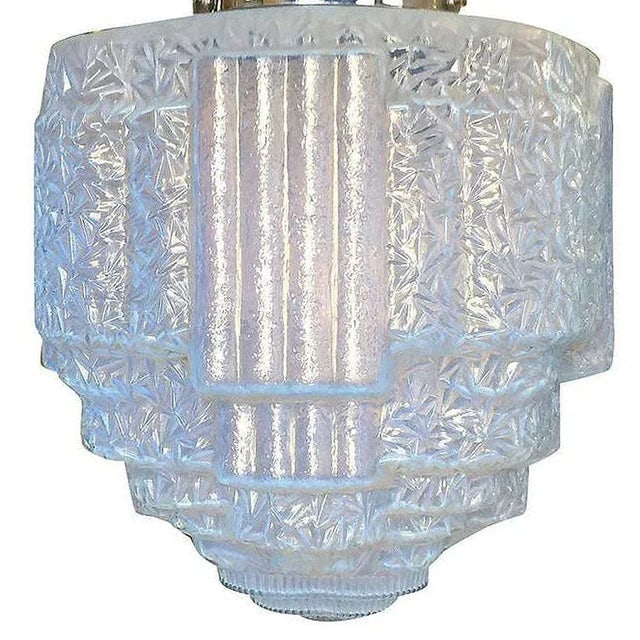 1930s Streamline Ceiling Pendant With Textured Blue Glass Stepped Glass Globe - 4