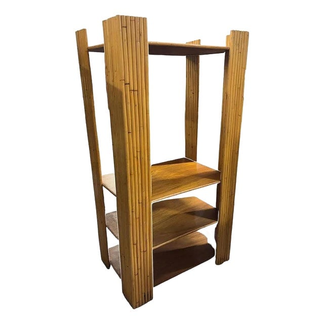 1950s Restored Vertically Stacked Rattan 4-Tier Rattan & Mahogany Etager Display Shelf (1 of 11)