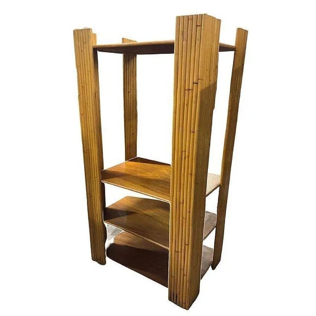 1950s Restored Vertically Stacked Rattan 4-Tier Rattan & Mahogany Etager Display Shelf - 3