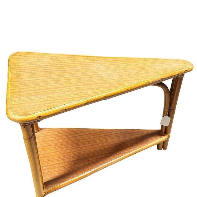 1940s Restored MCM Rattan & Formica Skinny Arch 3-Strand Wedge Side Table W/ 2-Tiers - 2