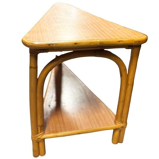 1940s Restored MCM Rattan & Formica Skinny Arch 3-Strand Wedge Side Table W/ 2-Tiers - 5