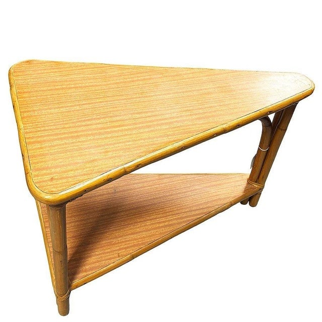 1940s Restored MCM Rattan & Formica Skinny Arch 3-Strand Wedge Side Table W/ 2-Tiers - 6