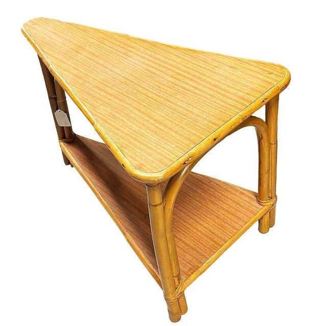 1940s Restored MCM Rattan & Formica Skinny Arch 3-Strand Wedge Side Table W/ 2-Tiers - 7
