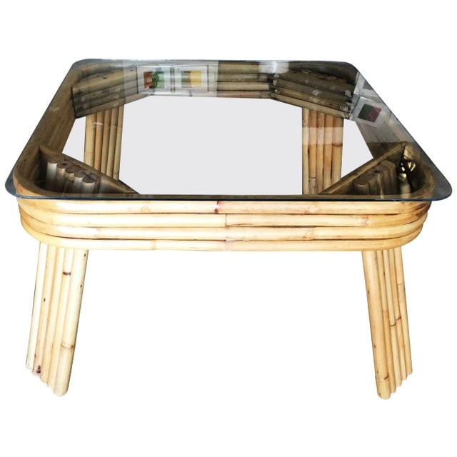 1950s Restored 5-Strand Rattan Coffee Table With Square Glass Top - 2
