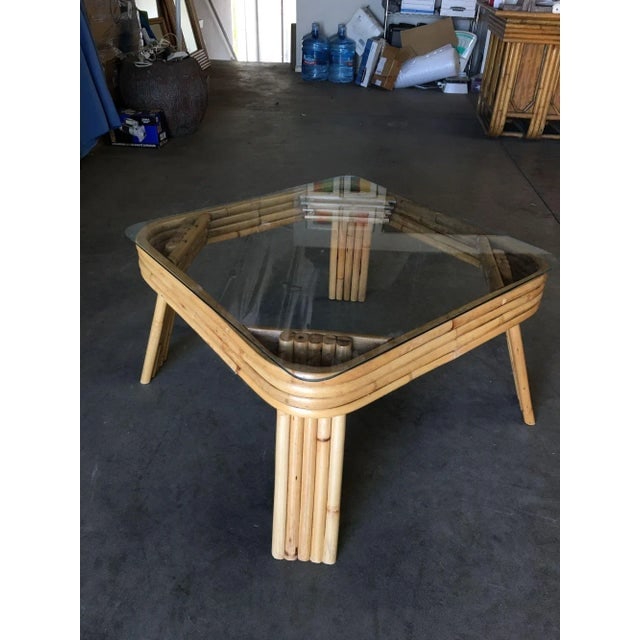 1950s Restored 5-Strand Rattan Coffee Table With Square Glass Top - 3
