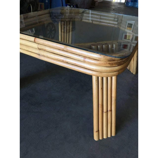 1950s Restored 5-Strand Rattan Coffee Table With Square Glass Top - 8