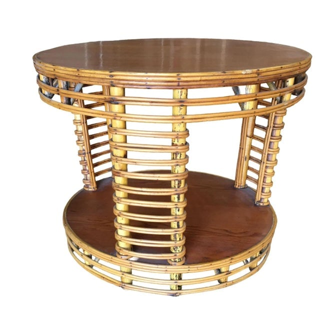 Restored Mid-Century Two Tier Round Stick Reed Rattan Coffee Table With Mahogany Top - 4