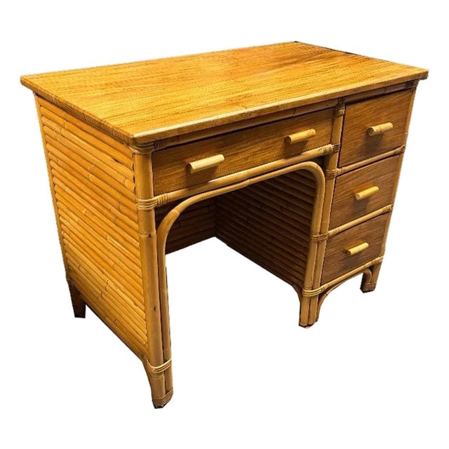 1940s Restored Bespok Vertically Stacked Rattan Writing Desk W/ Mahogany Top: Title: 1940s Restored Bespok Vertically Stacked Rattan Writing Desk W/ Mahogany Top Description: Experience the allure of This beautifully restored coastal, tropical-inspired mid-century design with
