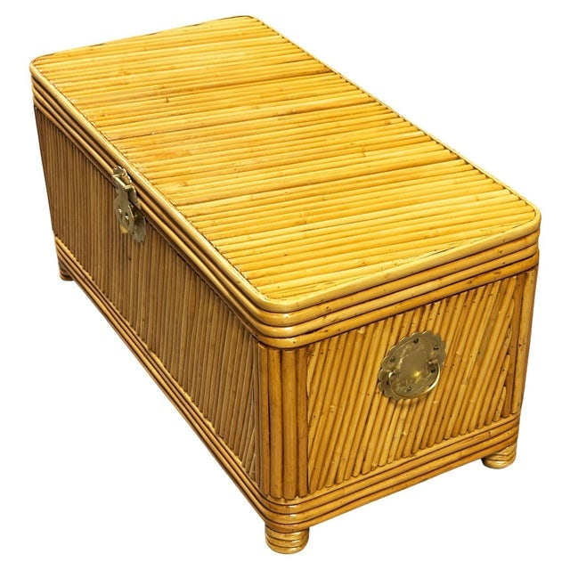 Restored Mid-Century Split Reed Rattan & Pine Trunk W/ Brass Paktong Latch - 3