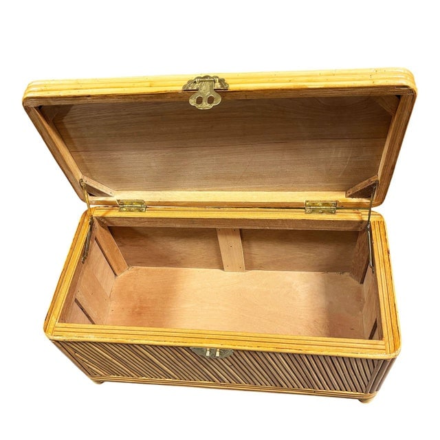 Restored Mid-Century Split Reed Rattan & Pine Trunk W/ Brass Paktong Latch - 4