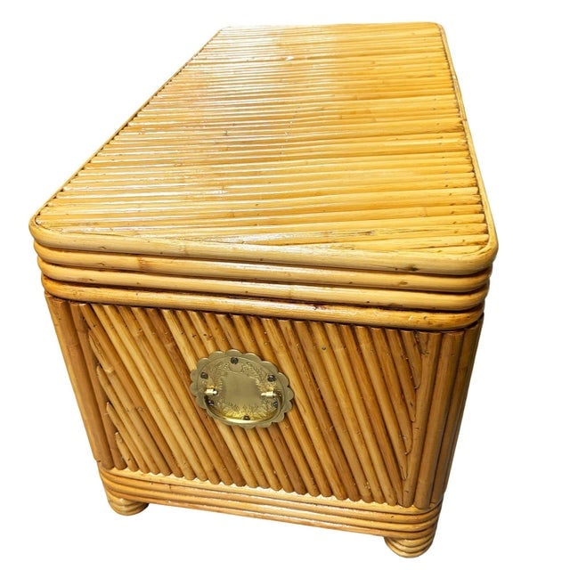 Restored Mid-Century Split Reed Rattan & Pine Trunk W/ Brass Paktong Latch - 5