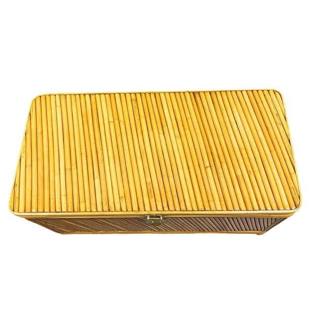 Restored Mid-Century Split Reed Rattan & Pine Trunk W/ Brass Paktong Latch - 6