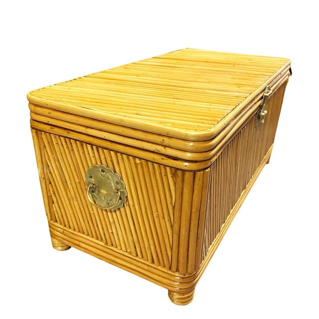 Restored Mid-Century Split Reed Rattan & Pine Trunk W/ Brass Paktong Latch - 7