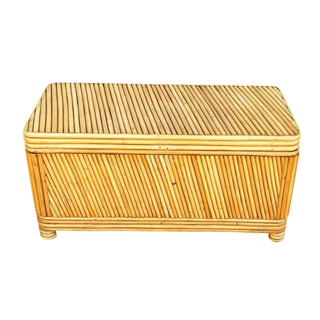 Restored Mid-Century Split Reed Rattan & Pine Trunk W/ Brass Paktong Latch - 9