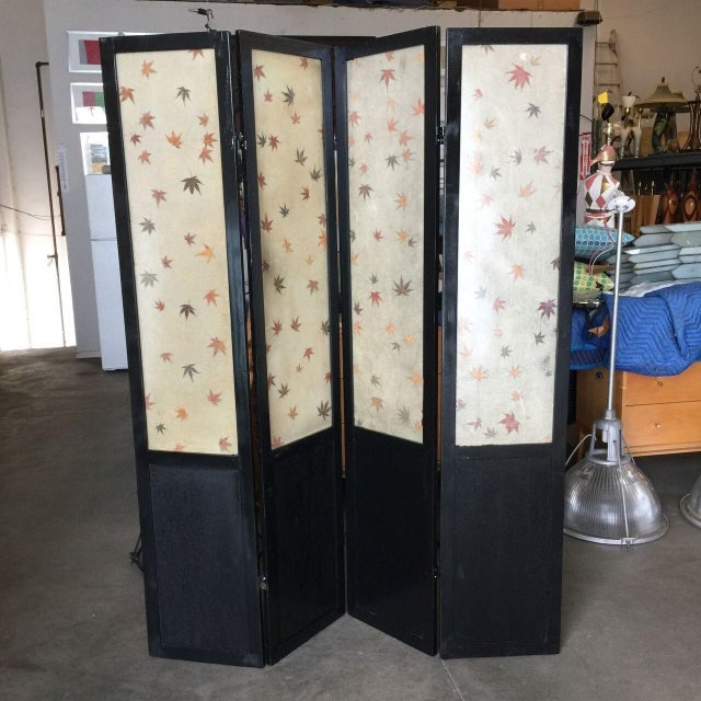 1950s Black Lacquer Folding Screen W/ Fiberglass Maple Leaf Inserts - 2