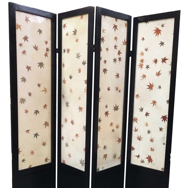 1950s Black Lacquer Folding Screen W/ Fiberglass Maple Leaf Inserts - 3