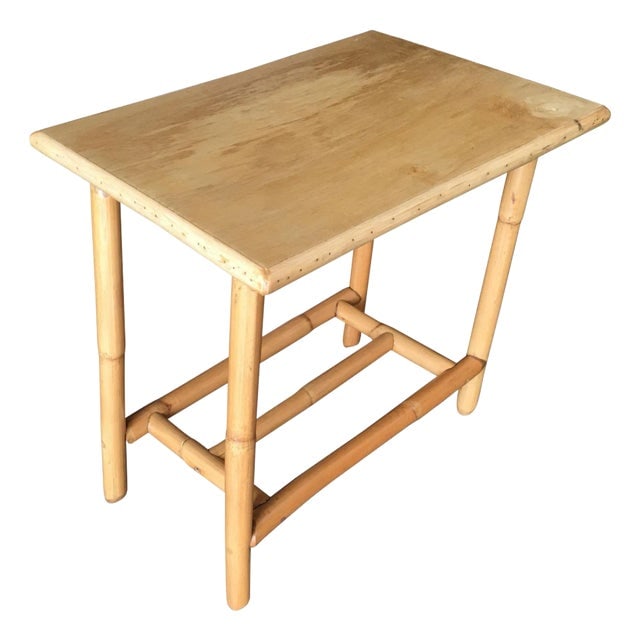 1950s Restored Vintage "The Duke" Rattan Side Bourbon Table With Oak Top: Title: 1950s Restored Vintage "The Duke" Rattan Side Bourbon Table With Oak Top Description: This beautifully restored rattan blends style and vintage charm with modern comfort. It is an original 1950