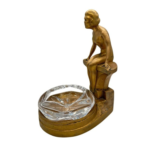 Art Deco Figure Woman Seated at Pool Bronze & Crystal Sculpter Ashtray by Nuart - 2