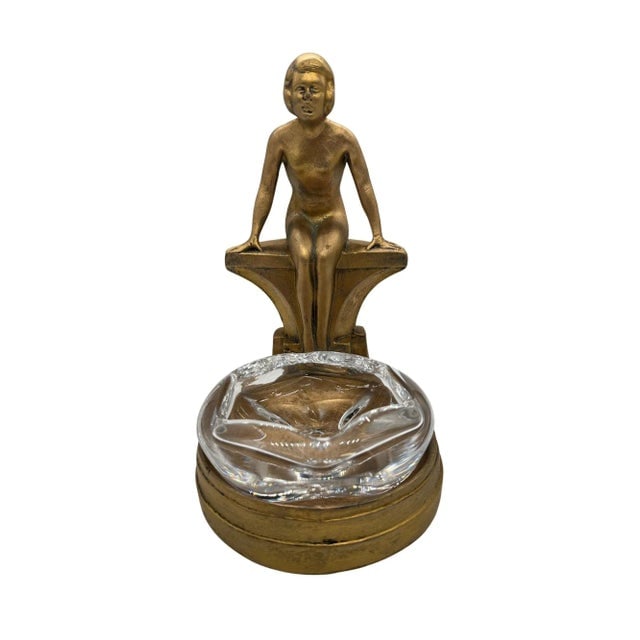 Art Deco Figure Woman Seated at Pool Bronze & Crystal Sculpter Ashtray by Nuart - 3