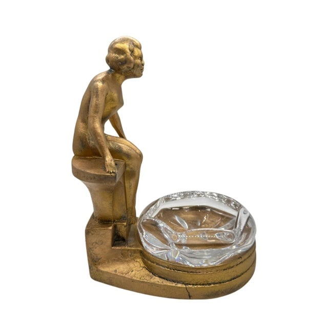 Art Deco Figure Woman Seated at Pool Bronze & Crystal Sculpter Ashtray by Nuart - 4