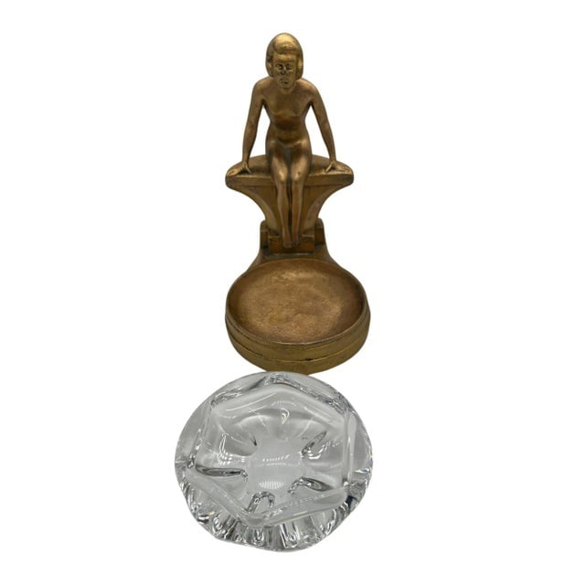 Art Deco Figure Woman Seated at Pool Bronze & Crystal Sculpter Ashtray by Nuart - 6