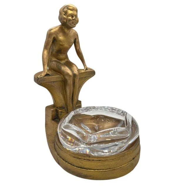 Art Deco Figure Woman Seated at Pool Bronze & Crystal Sculpter Ashtray by Nuart - 8