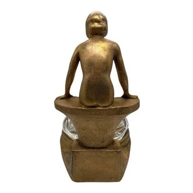 Art Deco Figure Woman Seated at Pool Bronze & Crystal Sculpter Ashtray by Nuart - 9