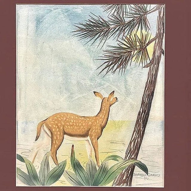 Deer Scenic Watercolor on Paper Signed by Shirrell Graves in Bamboo Frame, Pair - 4