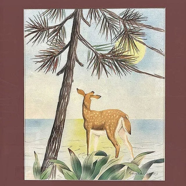 Deer Scenic Watercolor on Paper Signed by Shirrell Graves in Bamboo Frame, Pair - 6