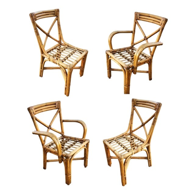 1940s Restored Mid-Century Loop Arm Rattan Dining Chairs With "X" Back- Set of 4 (1 of 9)